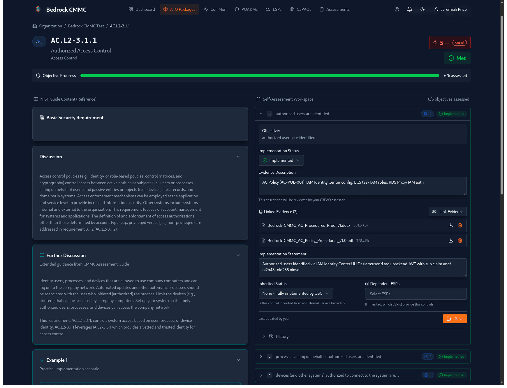 Bedrock CMMC control detail view — NIST guidance, assessment objectives, evidence linking, implementation statements, and ESP dependencies