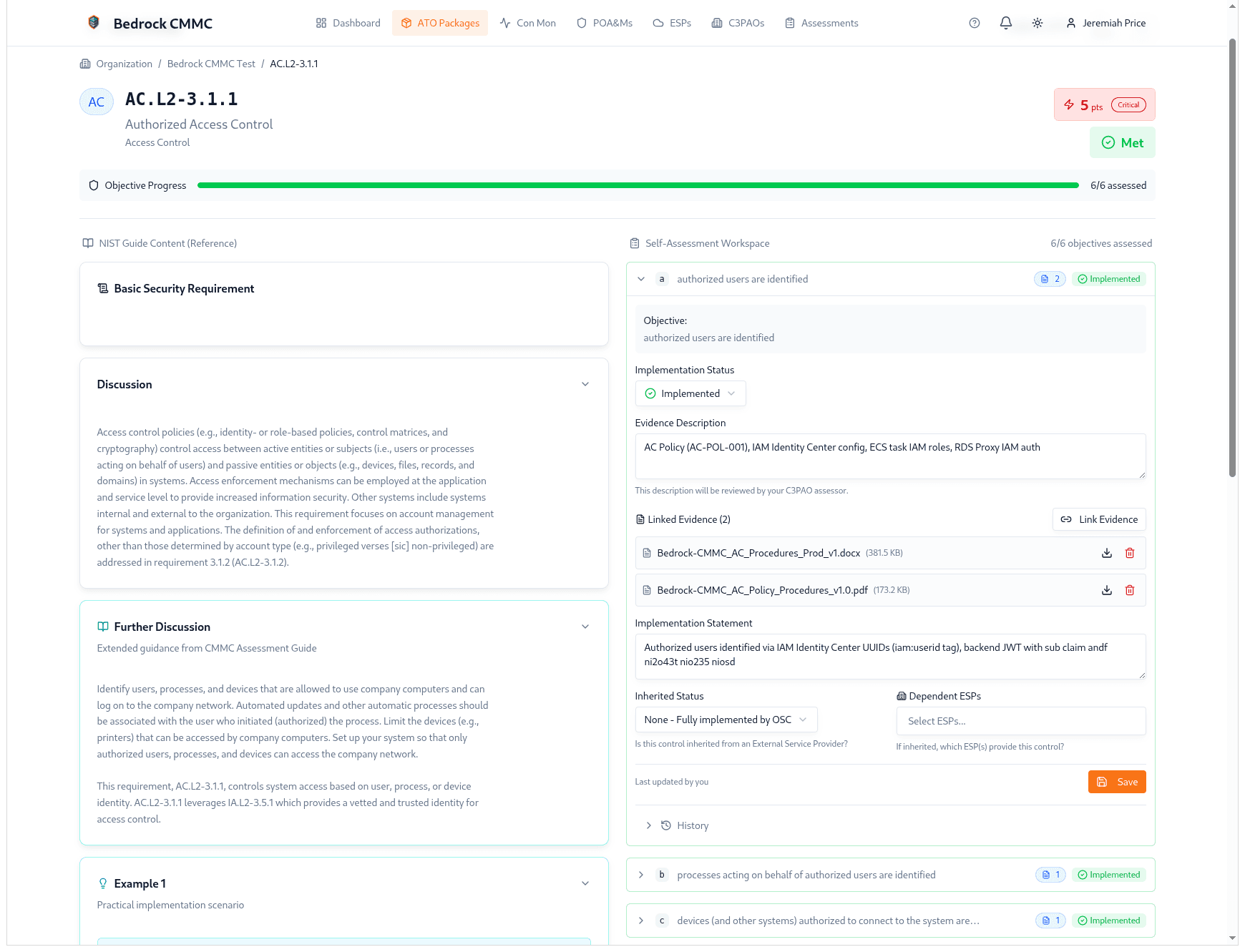 Bedrock CMMC control detail view — NIST guidance, assessment objectives, evidence linking, implementation statements, and ESP dependencies
