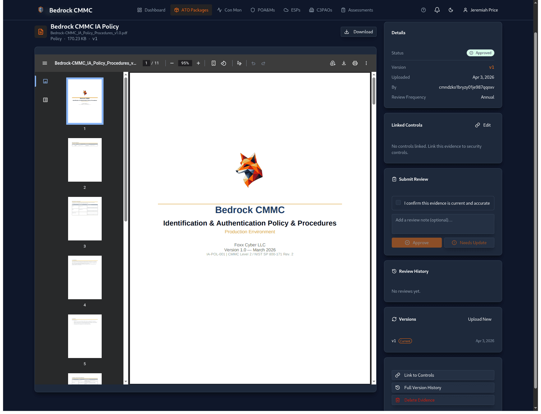 Bedrock CMMC evidence management — document viewer with version control, review workflow, and control linking