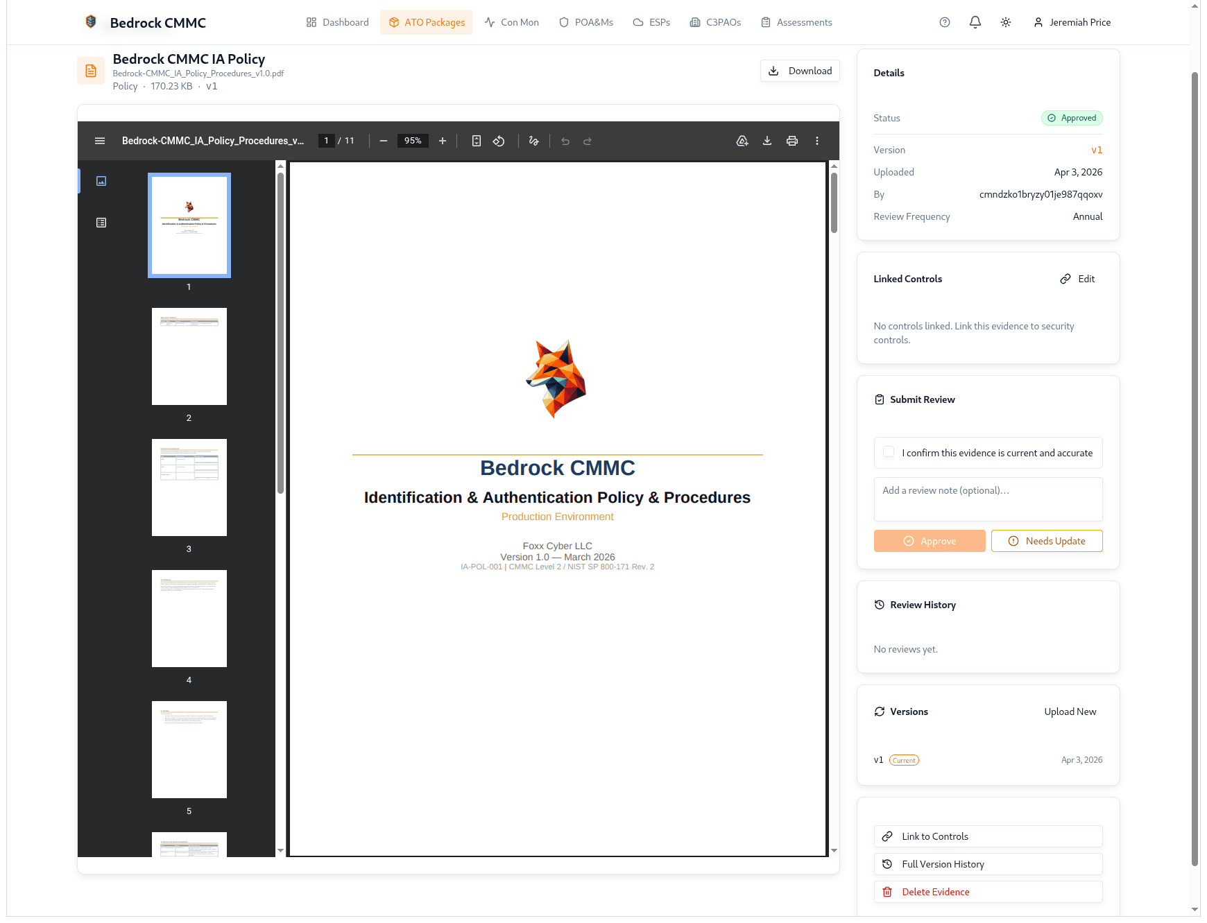 Bedrock CMMC evidence management — document viewer with version control, review workflow, and control linking