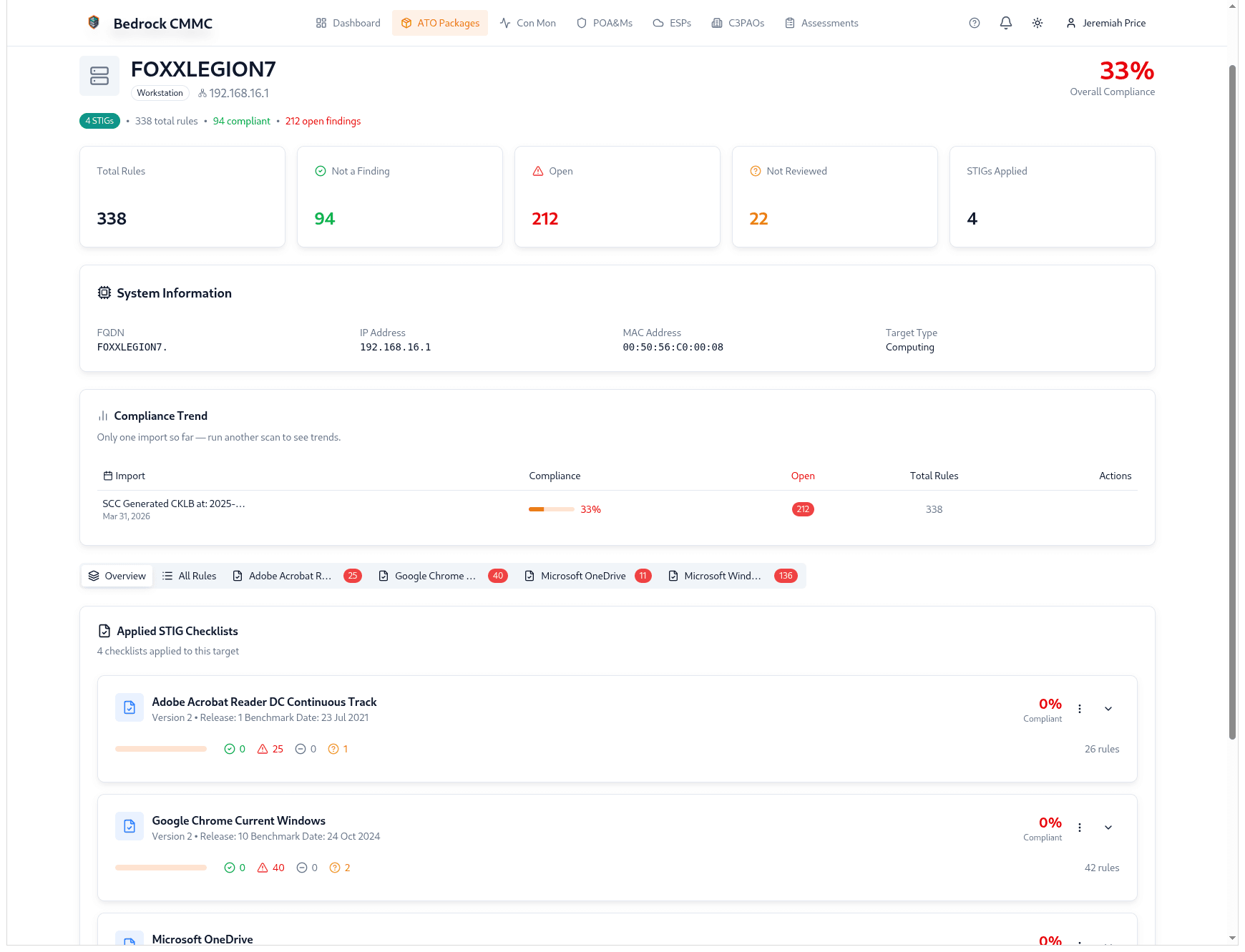 Bedrock CMMC STIG compliance — asset-level compliance tracking, applied checklists, and compliance trends