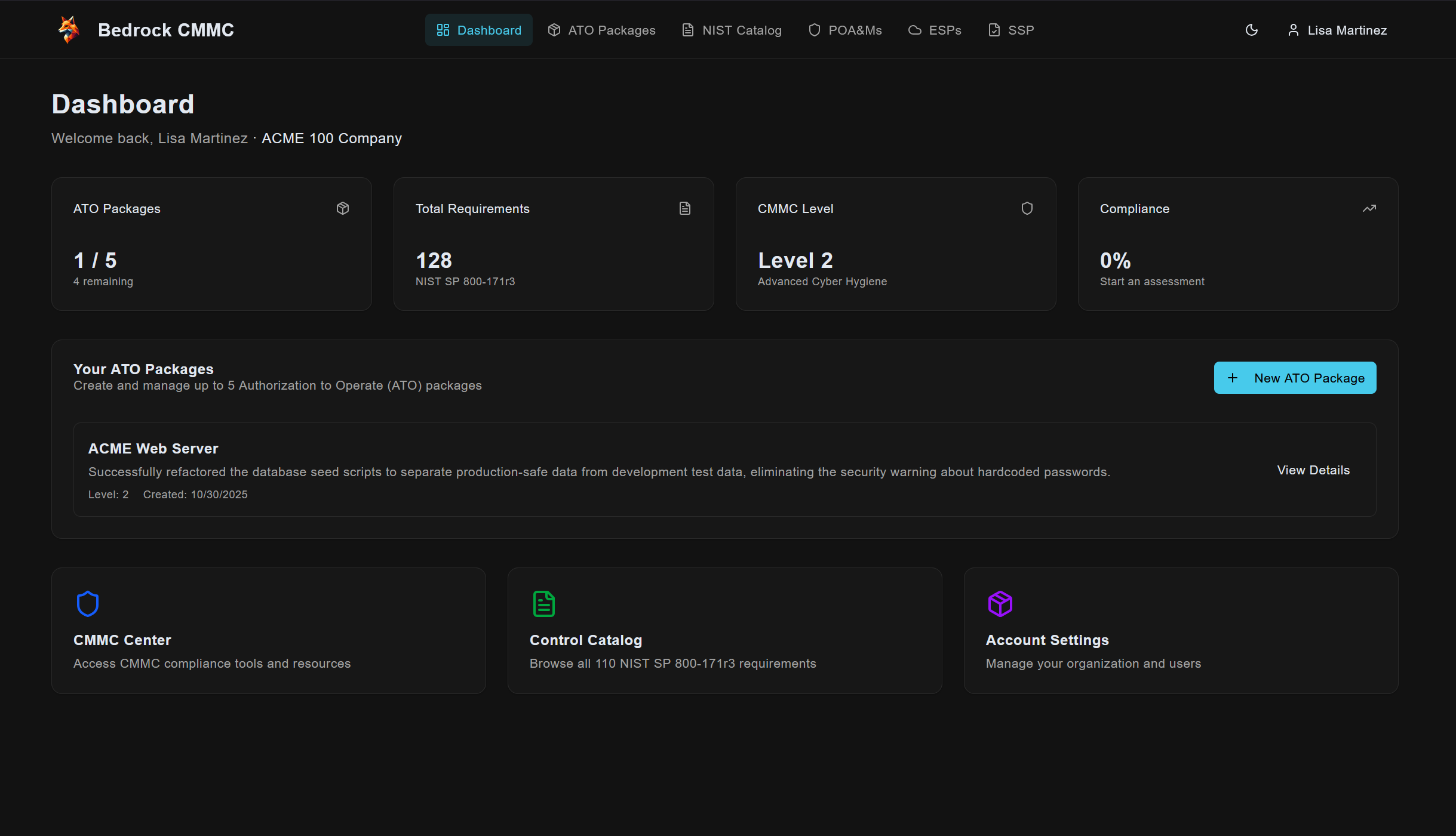 Bedrock CMMC Dashboard showing ATO packages, requirements, and compliance metrics