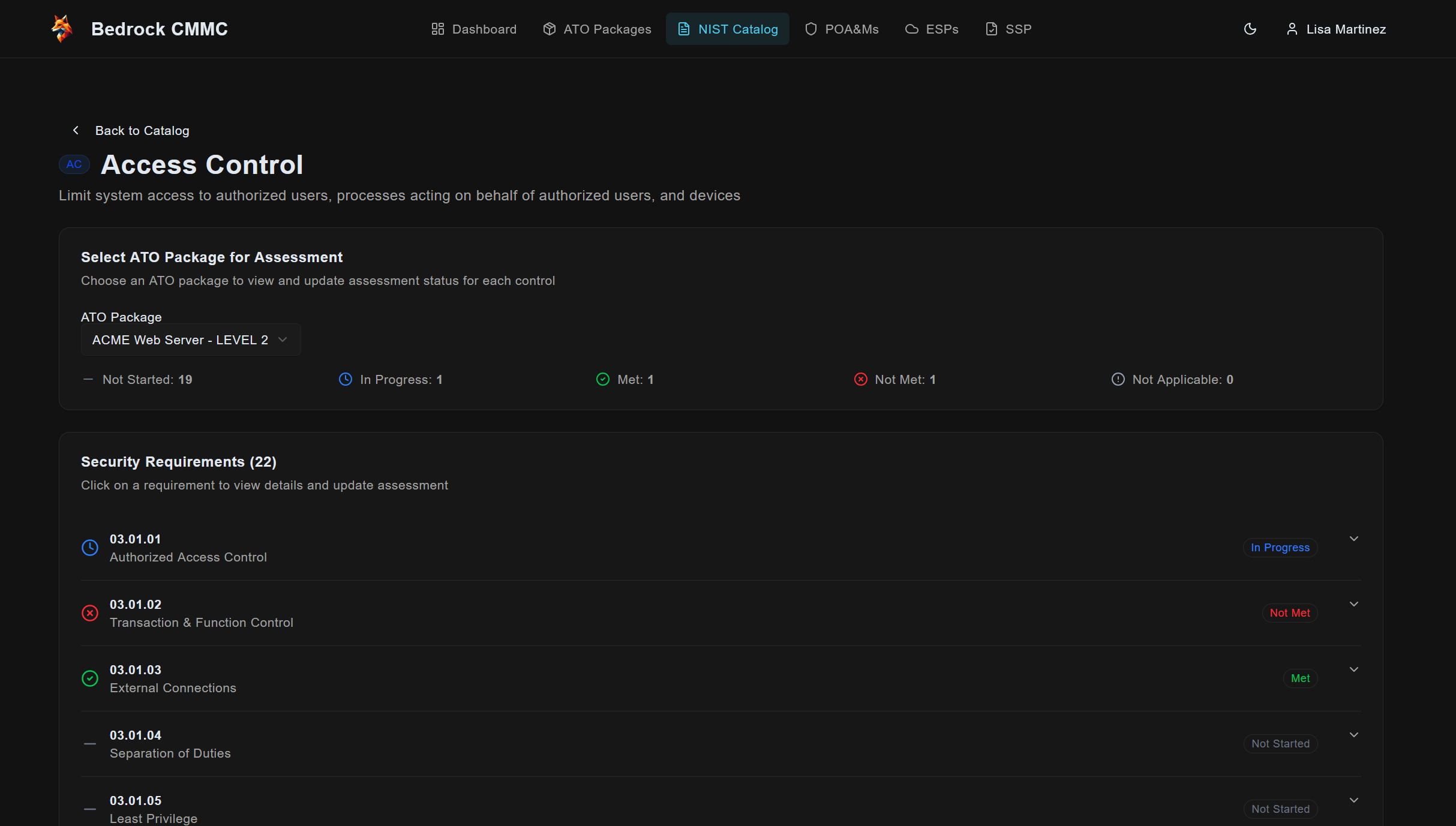 Bedrock CMMC NIST Catalog showing Access Control requirements and assessment status