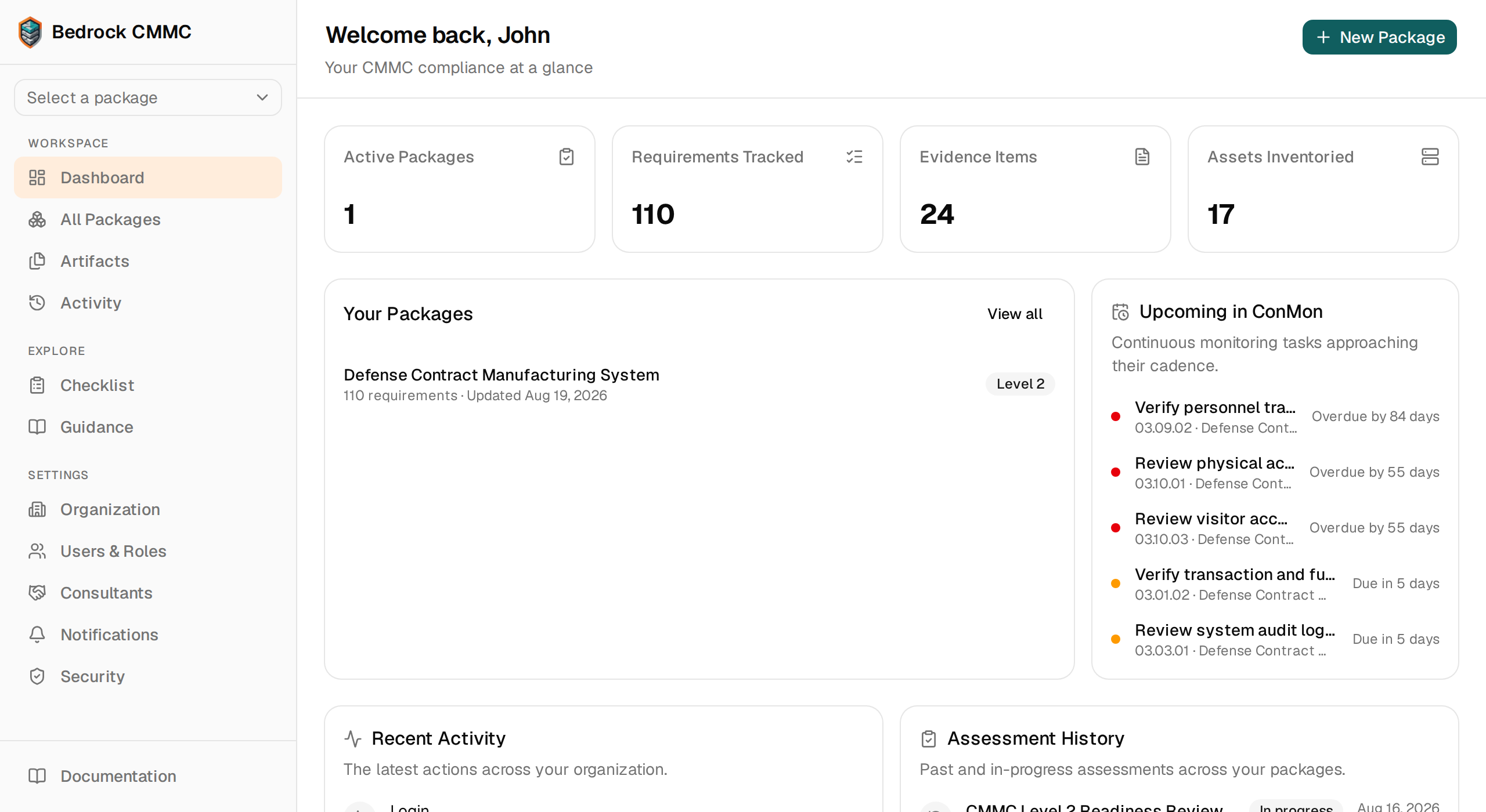 Bedrock CMMC dashboard for Acme Defense: 110 requirements tracked, 24 evidence items, 17 assets inventoried, the Defense Contract Manufacturing System package at Level 2, upcoming continuous-monitoring tasks with due dates, and assessment history.